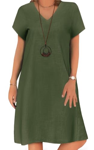 Zeagoo Sommerkleid Damen Elegant Kleid Frauen Leinen Strandkleider Knielang Kurzarm Leinenkleider V Ausschnitt Tunikakleider Boho mit Taschen Sommerkleider A-Linie Blusenkleid Lässig Armeegrün Ltd von Zeagoo