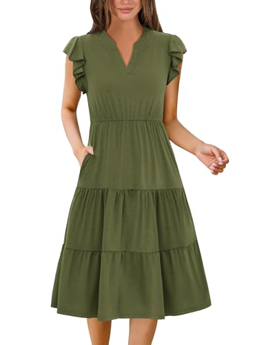 Zeagoo Sommerkleid Damen Elegant Kleider Kurzarm V-Ausschnitt Strandkleid A Linie Knielang Kleid Partykleid Abendkleid Armeegrün M von Zeagoo