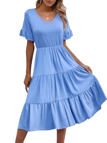 Zeagoo Sommerkleid Damen Elegant Kurzarm Kleider A Linie Freizeitkleider V-Ausschnitt Casual Einfarbig Strandkleid Rüschen Ärmel Knielang mit Taschen Hellblau L von Zeagoo