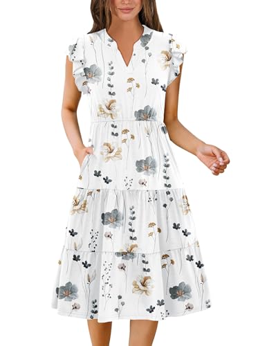 Zeagoo Sommerkleid Damen Freizeit Kleider Blumen V-Ausschnitt Strandkleid Rüschen Ärmel Knielanges Kleid Lose A-Linie Kleider mit Tasche 36 von Zeagoo