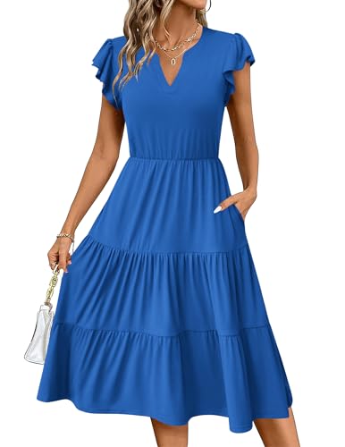 Zeagoo Sommerkleid Damen Freizeit Kleider Einfarbig V-Ausschnitt Strandkleid Rüschen Ärmel Knielanges Kleid Lose A-Linie Kleider mit Tasche Blau M von Zeagoo