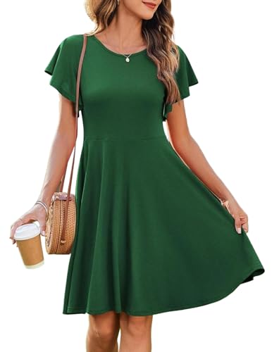 Zeagoo Kleider Damen Sommer Rundhals Freizeitkleid Knielang Strandkleider Rüschen Ärmel Kleid mit Taschen Grün XL von Zeagoo