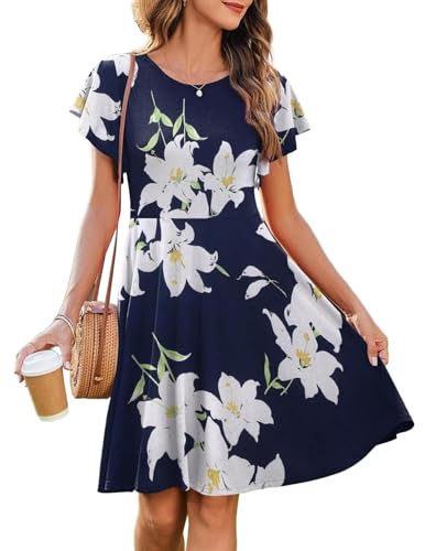 Zeagoo Kleider Damen Sommer Rundhals Freizeitkleid Knielang Strandkleider Rüschen Ärmel Kleid mit Taschen Marineblau-Blumen S von Zeagoo