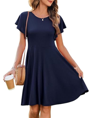 Zeagoo Kleid Damen Sommer Knielang Strandkleid Rundhals Sommerkleider Einfarbig Rüschen Kleider Leicht Freizeitkleid mit Taschen Marineblau S von Zeagoo