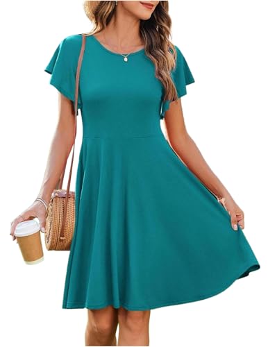 Zeagoo Sommerkleid Damen Knielang Kleid Rundhals Freizeitkleid Rüschen A-Linie Strandkleid Einfarbig Tunika Kleider mit Tasche Pfauenblau L Zeagoo Sommerkleid Damen Knielang Kleid Rundhals Freizeitkleid Rüschen A-Linie Strandkleid Einfarbig Tunika Kleider mit Tasche Pfauenblau L von Zeagoo