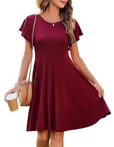 Zeagoo Damen Sommerkleid Rundhals A-Linie Kleid Einfarbig Strandkleid Elegant Freizeitkleid Rüschen Knielang Kleider mit Taschen Rot M von Zeagoo
