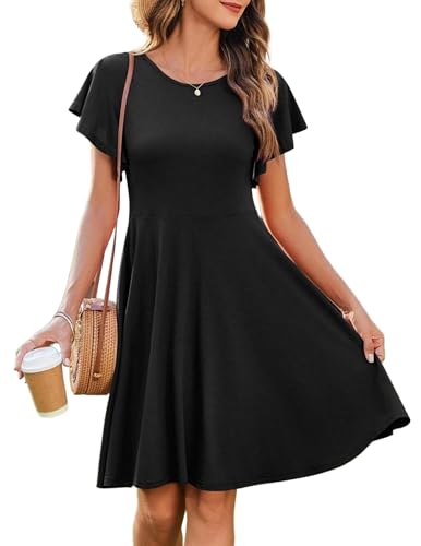 Zeagoo Sommerkleider Damen Rundhals Knielang Kleider mit Taschen Tunika Kleid Blütenblättern Kurzarm Freizeit Strandkleider Sommer Schwarz S von Zeagoo