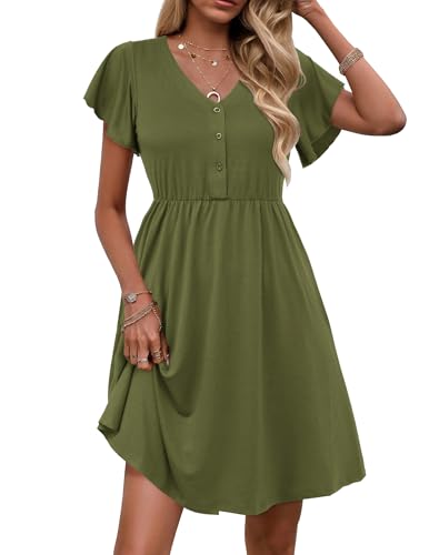 Zeagoo Sommerkleid Damen Freizeit Rüschen Kleider Kurzarm Elegant Minikleid Einfarbig A-Linie Strandkleid Swing Knielang Kleid Dunkelgrün L von Zeagoo
