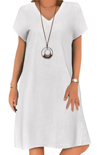 Zeagoo Sommerkleider Damen Elegant Strandkleider Kleid Leichte Frauen Leinen Kurzarm Leinenkleider V Ausschnitt Tunika Kleid mit Taschen Sommerkleid A-Linie Blusenkleid Lässig Weiß M von Zeagoo