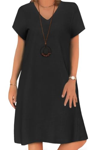 Zeagoo Sommerkleid Damen Strandkleid Casual V-Ausschnitt Midikleid Kurzarm Kleider mit Tasche A-Linie 100% Baumwolle Einfarbig Freizeitkleid Frühlingskleid Schwarz M von Zeagoo