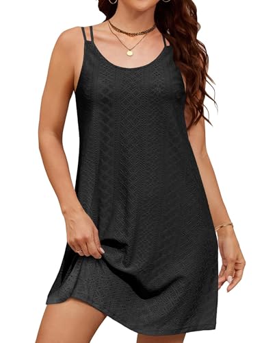 Zeagoo Sommerkleid Damen Strandkleid Ärmellos Leicht Spaghettiträger Kleid Swing A-Linie Kleider Kurz Sommer Bikini Cover Up Rundhals Freizeitkleid Bademode Casual Schwarz XL von Zeagoo