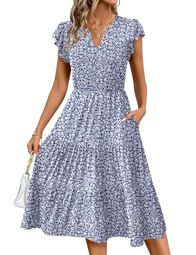 Zeagoo Sommerkleid Damen Knielang V-Ausschnitt Blümchenkleid A Linie Kurzarm Jerseykleid Floral Sommer Strandkleid mit Tasche von Zeagoo