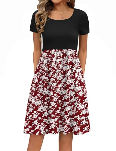 Zeagoo Damen Kleid Sommer Frühlingskleid Blumenkleid Rundhals Strandkleid Casual Kurzarm Kleider A Linie Tunika mit Taschen Elegant Knielanges Kleid Blumen Rot M von Zeagoo