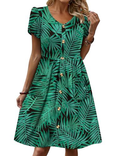 Zeagoo Damen Kleider Elegant V-Ausschnitt Blumen Shirtkleid Kurzarm Casual Strandkleider A-Linie Kurzes Tunika Minikleid mit Taschen Grün Floral M von Zeagoo