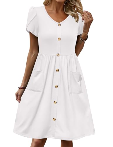 Zeagoo Kleider Damen Sommer Einfarbig V-Ausschnitt Freizeitkleid Elegant Kurzarm Strandkleider Locker Knopfleiste Knielang Shirtkleid Weiß S von Zeagoo