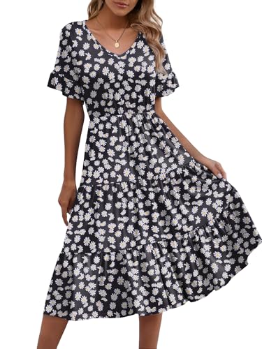 Zeagoo Sommerkleid Damen Kurzarm V-Ausschnitt Kleider Leicht Freizeitkleid Elegant Boho Blumenkleider A Linie Strandkleid Rüschen Ärmel mit Taschen Schwarz Weiß Gelb M von Zeagoo