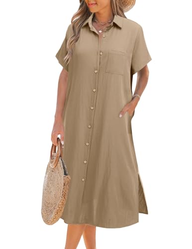 Zeagoo Strandbluse Damen Lang Elegantes Hemdkleid Mit Taschen Blusenkleid mit Knöpfen Casual Kurzarm Hemdblusenkleid Sommer Strandtunika Khaki XXL von Zeagoo