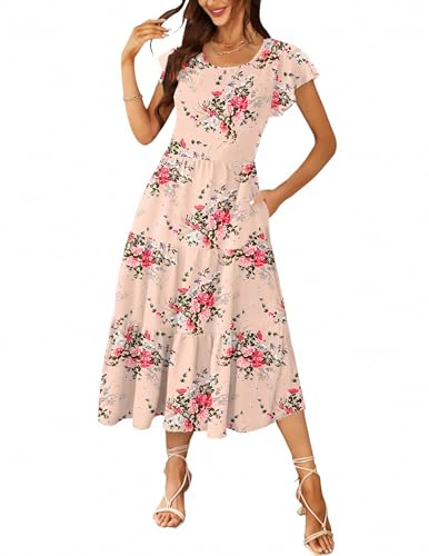 Zeagoo Sommerkleid Damen Lang Maxikleid Sommer Strandkleid Casual Rundhals MidiKleider Rüschen Ärmel Kleid A-Linie Freizeit Kleider mit Taschen Rosa Blume M von Zeagoo
