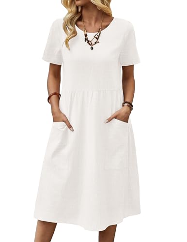 Zeagoo Sommerkleid Damen Baumwolle Kleider Elegant Leinen Kleid Lässiges Kurzarm Strandkleid Weiß XXL von Zeagoo