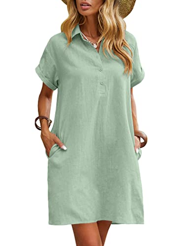 Zeagoo Sommerkleid Damen Leinen Kleider Knielang Casual Strandkleid Kurzarm Kleid Sommer Hellgrün Shirtkleider Freizeitkleid mit Taschen L von Zeagoo