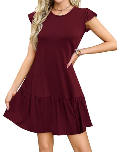 Zeagoo Sommerkleid Damen Kleider Sommer Rundhals Kleid Elegant Tshirtkleid Rüschen Ärmel Minikleid Weinrot XXL von Zeagoo