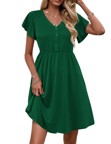 Zeagoo Sommerkleid Damen Rüschen Kurzarm Kleider Elegant V-Ausschnitt Swing Minikleid Hohe Taille Einfarbig Freizeitkleid Grün S von Zeagoo