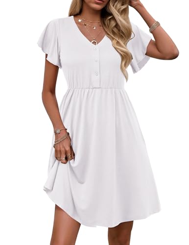 Zeagoo Sommerkleid Damen Rüschen Kurzarm Kleider Elegant V-Ausschnitt Swing Minikleid Hohe Taille Einfarbig Freizeitkleid Weiß S von Zeagoo