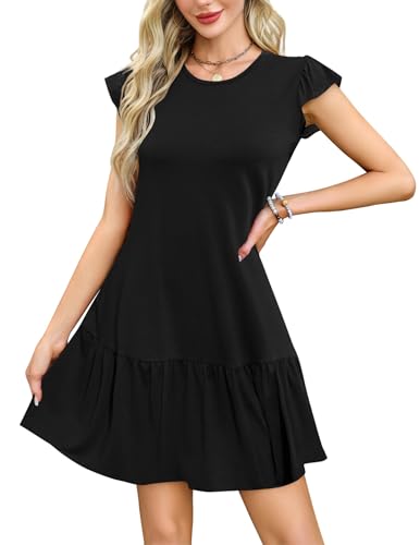 Zeagoo Sommerkleid Damen Lässiges Strandkleid Rundhals Kleider Rüschen Ärmel Minikleid Leicht Tshirtkleid Schwarz XL von Zeagoo