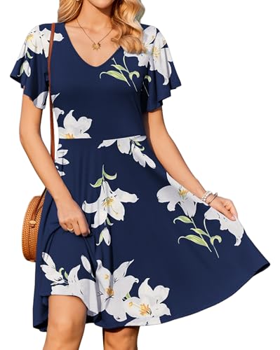 Zeagoo Damen Kleider Rüschen Ärmel Sommerkleid Knielang Freizeitkleid Sommer V-Ausschnitt Blusenkleid Elegant A-Linie Blumenmuster Strandkleid Blumenblau XL von Zeagoo