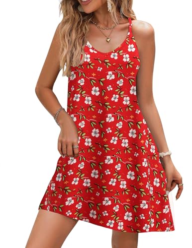 Zeagoo Sommerkleid Für Damen Blumen Hängerkleid Spaghettitrger Trägerkleid Kurz Sommer Strandkleid Boho Leicht Minikleid Rot Blumen XL von Zeagoo