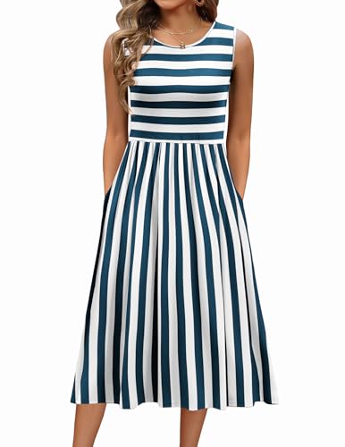 Zeagoo Sommerkleid Damen Rundhals Tank Kleid Elegant A Linie Strandkleid Ärmelloses Freizeitkleider T-Shirt Strandkleid mit Taschen Blau Weiß L von Zeagoo