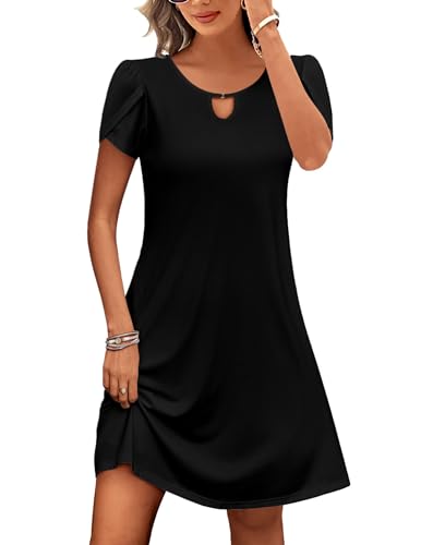 Zeagoo Sommerkleider Damen Elegant Puffärmel Rundhals Einfarbig Kleid Loose A Linien Shirtkleid Midikleid Schwarz L von Zeagoo