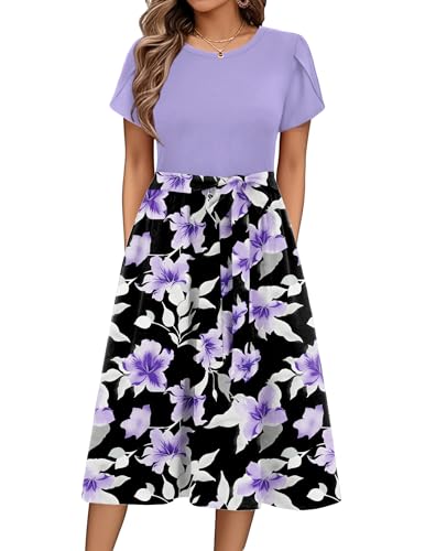 Zeagoo Sommerkleider Damen Floral Sommer Wickelkleid Knielang Casual Strandkleid Elegant Rundhals Midikleid Kurzarm Freizeit Kleider mit Taschen FloralI M von Zeagoo