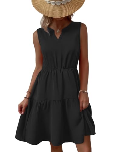 Zeagoo Sommerkleider Damen Kurz V Ausschnitt Kleid Casual Ärmellos Minikleider A Linie Einfarbig Kleider Lose Elastische Taille Strandkleid Schwarz M von Zeagoo