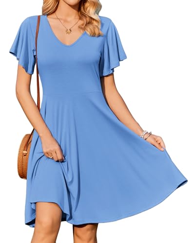 Zeagoo Damen Kleid Knielang Sommerkleider V-Ausschnitt Freizeitkleid Rüschen Ärmel Blusenkleid Lose Swing A-Linie Kleid mit Taschen Hellblau XXL von Zeagoo