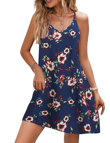 Zeagoo Sommerkleider Damen Leicht Und Luftig Strandkleid Boho Kleid V-Ausschnitt Minikleid Blumenmuster Spaghettitrger Trägerkleid Sexy Minikleid Navy Blau Blumen M von Zeagoo