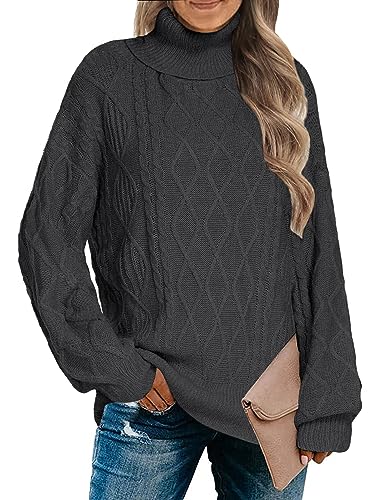 Zeagoo Stehkragen Pullover Damen Grau Strickpullover Langarm Lässiges Strickpulli Zopfmuster Pullover Sweatshirt Winter Grau XL von Zeagoo