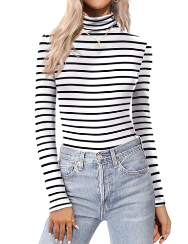 Zeagoo Stehkragen Shirt Damen Langarm Eng Basic Oberteil Casual Gestreift Unterziehrolli Herbst Stretch Y2K Top Streifen L von Zeagoo