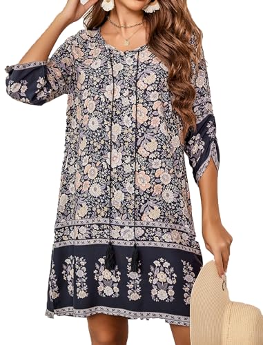 Zeagoo Strandkleid Damen 3/4-Arm Tunika Kleid Bohemian Sommer lässig Strandtunika Schwarz Floral XL von Zeagoo