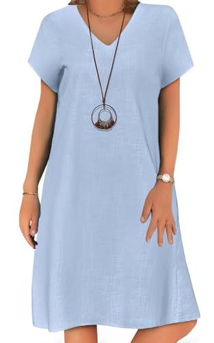 Zeagoo Strandkleid Damen Sommerkleider Kurzarm Kleider Knielang Kleid V Ausschnitt Baumwolle Shirtkleider Casual mit Taschen Hemdkleid A-Linie Freizeitkleid Einfarbig Hellblau S von Zeagoo