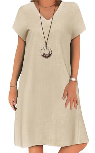 Zeagoo Damen Kleid Sommerkleid Kleider Leinen Kurzarm Kleider V Ausschnitt Shirtkleider Casual mit Taschen Leinenkleid A-Linie Midikleid Locker Freizeitkleider Beige M von Zeagoo