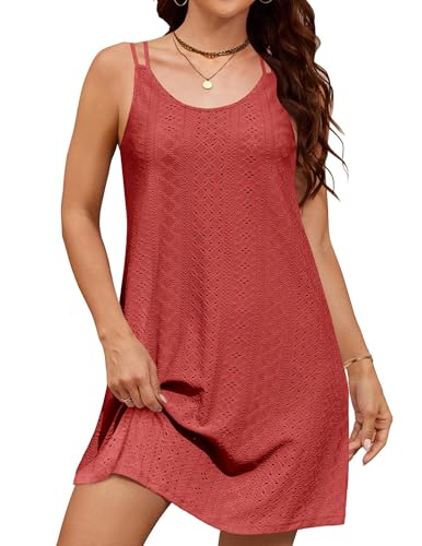 Zeagoo Sommerkleid Damen Kleider Elegant Strandkleid Ärmellos Spaghettiträger Kleid Knielang Löcher A Linie Rundhals Kurzes Kleid Casual Einfarbig Weinrot L von Zeagoo