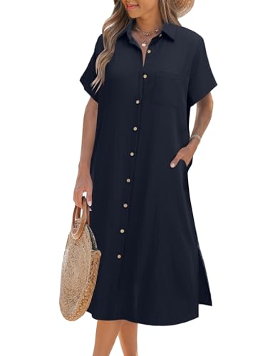 Zeagoo Damen Hemdblusenkleid Lang Blusenkleid Kurzarm Strandkleid Mit Taschen Sommer Bikini Cover Up Langer Strandtunika Navy Blau XXL von Zeagoo