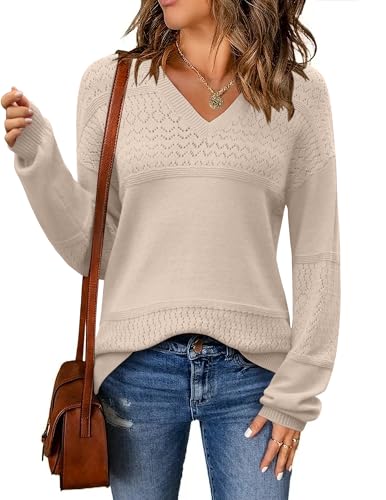 Zeagoo Pullover V-Ausschnitt Damen Herbst Dünner Pulli Laternenärmel Strick Langarmshirt Elegant Warm Einfarbig Knit Sweater Mondgrau S von Zeagoo