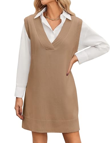 Zeagoo Strick Pullunder Kleid Damen Strickkleid mit V-Ausschnitt Ärmelloses Pullunderkleid Knielang Elegant Herbst Winter Outfit Weiche Strickweste Layering Kleid über Bluse Hell Braun M von Zeagoo