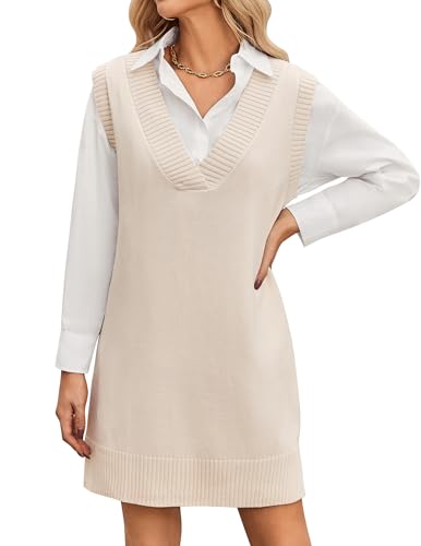 Zeagoo Strick Weste Kleid Damen Strickkleid Pullunder Kleid Ärmellos V-Ausschnitt Knielang Elegant Herbst Winter Outfit Büro Freizeit Weiches Pulloverkleid Strick Pinafore Damen Beige XL von Zeagoo