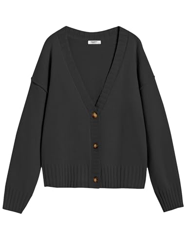 Zeagoo Strickjacke Damen Langarm Oberteil V-Ausschnitt Kurz Knopfleiste Offene Vorderseite Leicht Gemütlich Sweater Schwarz XXL von Zeagoo