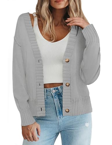 Zeagoo Strickjacke Damen Kurz Offene Vorderseite Oberteil Langarm V-Ausschnitt mit Knopf Dicke Gemütlich Sweater Locker Hellgrau M von Zeagoo