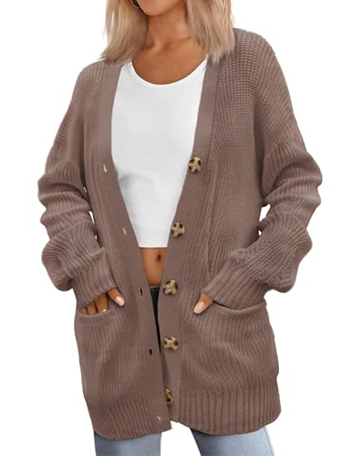 Zeagoo Strickjacke Damen Herbst Langarm Open Front Strick Cardigan mit Knöpfen Casual Strickwaren Oberteile mit Taschen Herbst Strickweste Kaffee M von Zeagoo