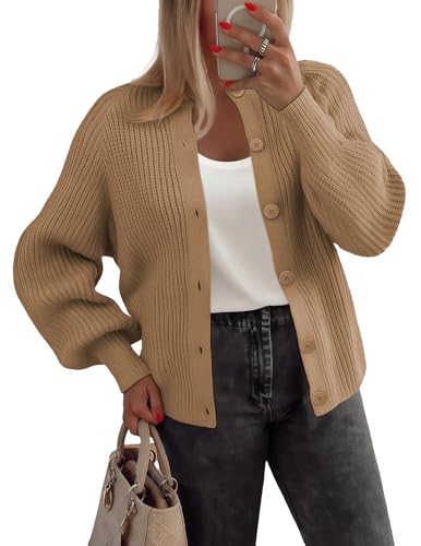 Zeagoo Strickjacke Damen Herbst Winter Langarm Rundhals Cardigan Grobstrick Strickjacken mit Knopf Lässiges Open Front Knitted Sweater Khaki S von Zeagoo